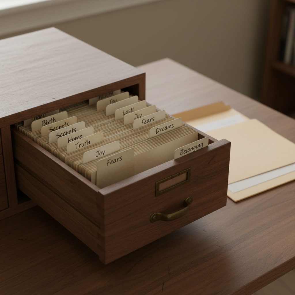 A vintage wooden filing drawer pulled halfway open, revealing neatly organized index cards with handwritten labels like “Birth,” “Secrets,” “Home,” and “Truth,” each tab slightly worn at the edges. A single card labeled “Belonging” is turned sideways, interrupting the order. The drawer sits atop a mid-century desk with a subtle walnut sheen, a closed manila folder resting beside it with a corner lifting to suggest hidden contents. Cool, diffused overcast light from an unseen window creates gentle shadows inside the drawer, emphasizing depth and mystery. Shot from above with a bird’s eye view in photographic realism, the background soft and neutral, the mood is analytical yet emotional, evoking the careful cataloging of a fragmented life.