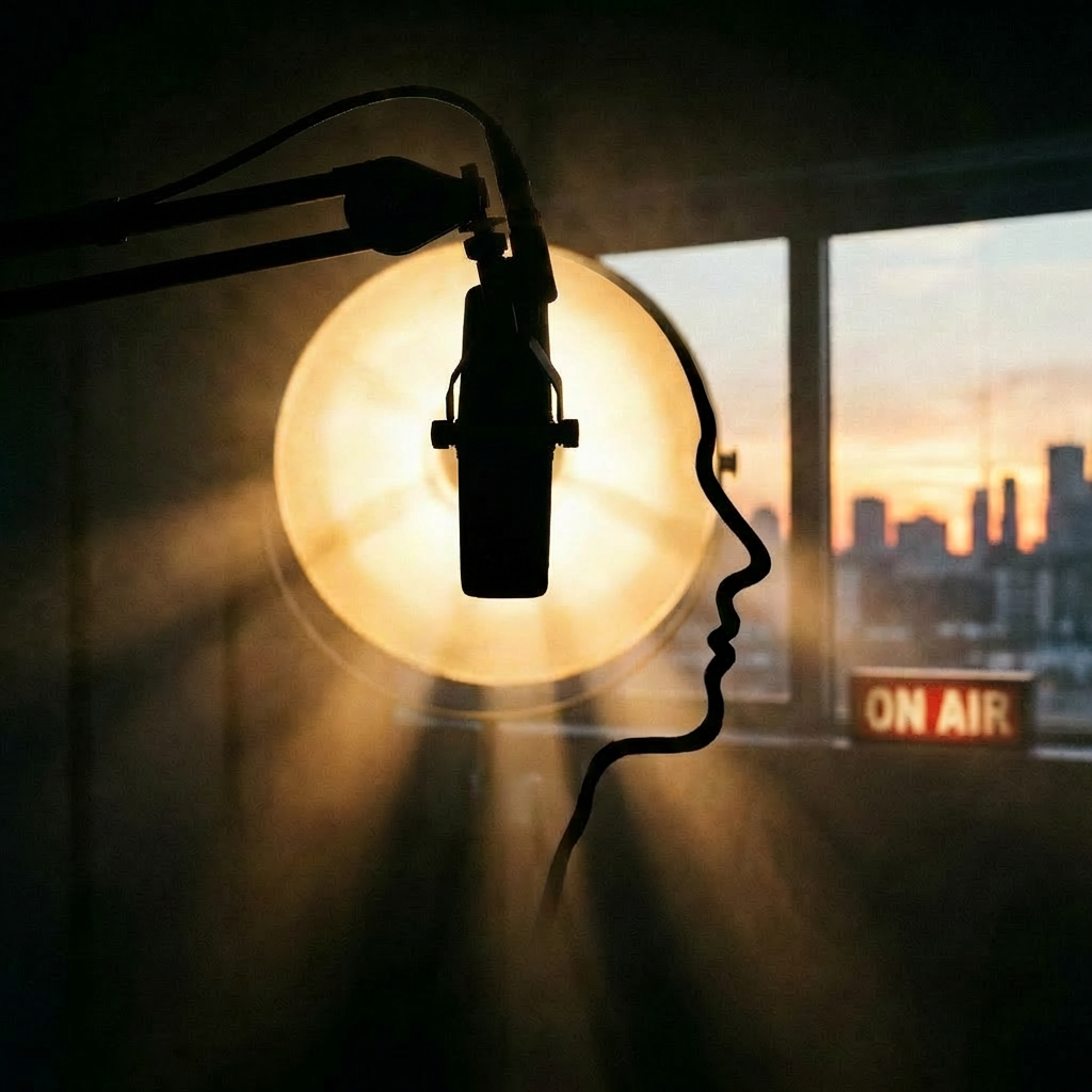 Microphone hanging above, full face silhouette visible